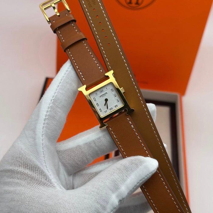 “H” Gold With Brown Strap Watch
