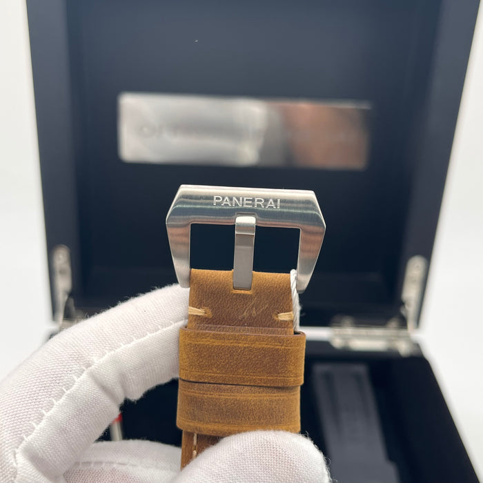 Panerai Luminor GMT watch 44mm stainless steel case and a distinctive brown leather strap