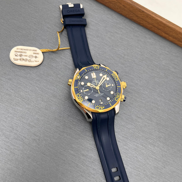 Omega Seamaster Diver 300M 44mm Chronograph in two-tone steel and yellow gold on a blue rubber strap Swiss Super Clone