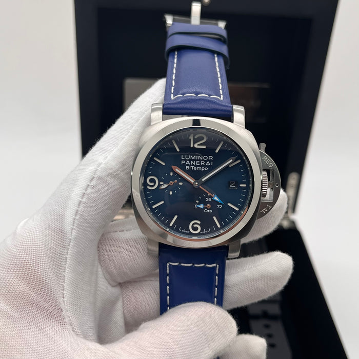 Panerai Luminor BiTempo 44mm stainless steel case and a blue sun-brushed dial