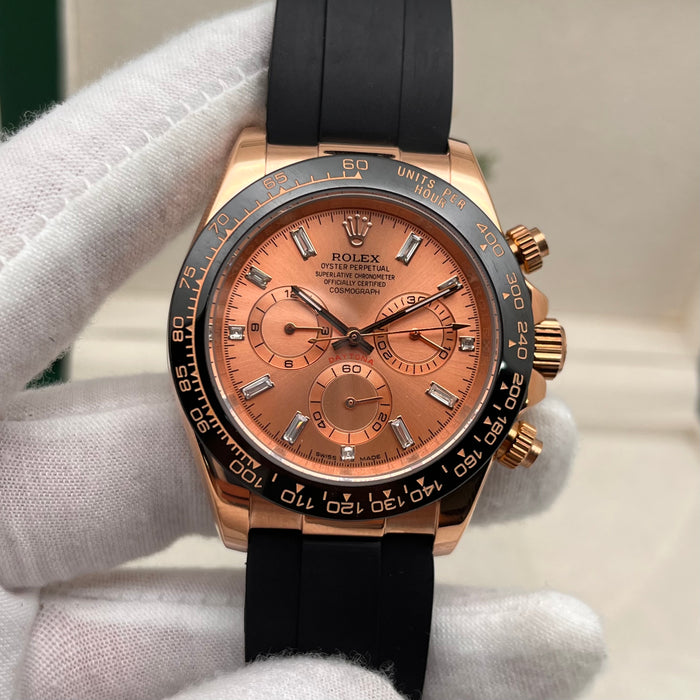Rolex Daytona Leather  Watch Band Rubber RoseGold Dial 40mm (5A+)
