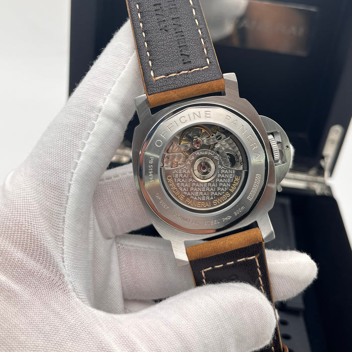 Panerai Luminor GMT watch 44mm stainless steel case and a distinctive brown leather strap