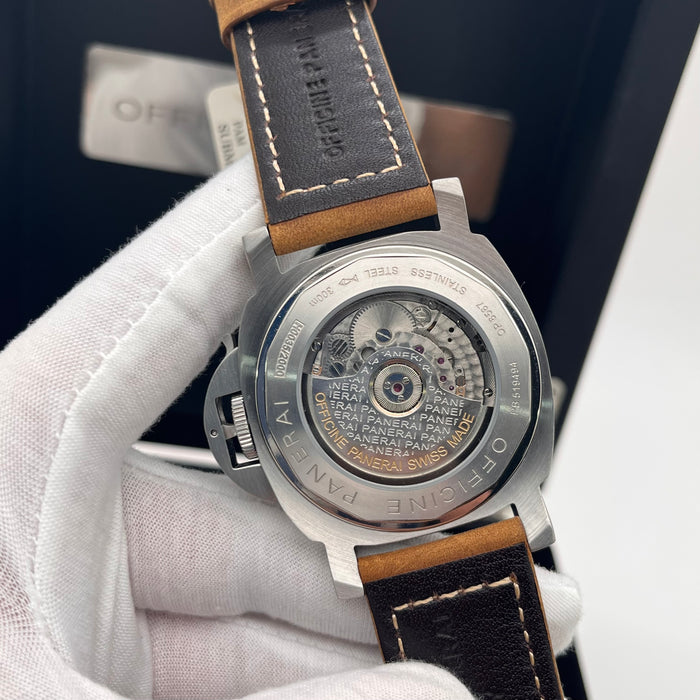 Panerai Luminor GMT watch 44mm stainless steel case and a distinctive brown leather strap