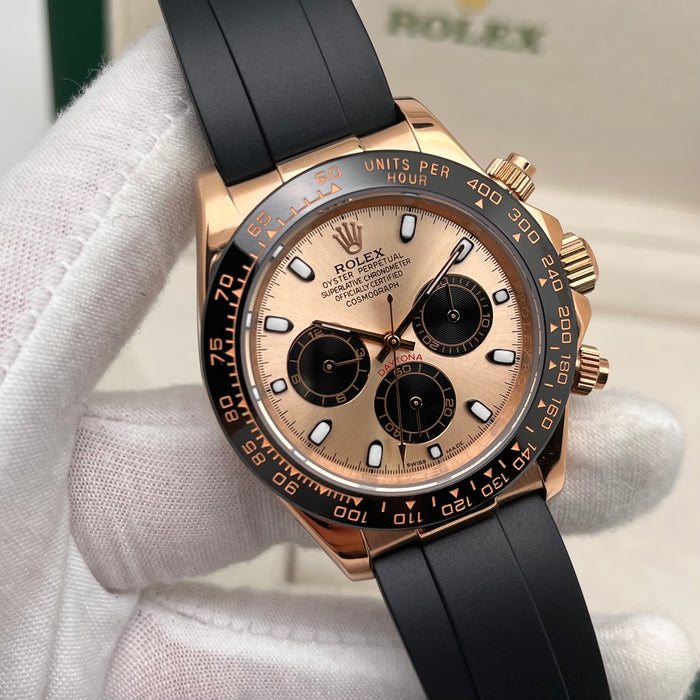 Rolex Daytona Leather  Watch Band Rubber RoseGold Dial 40mm (5A+)