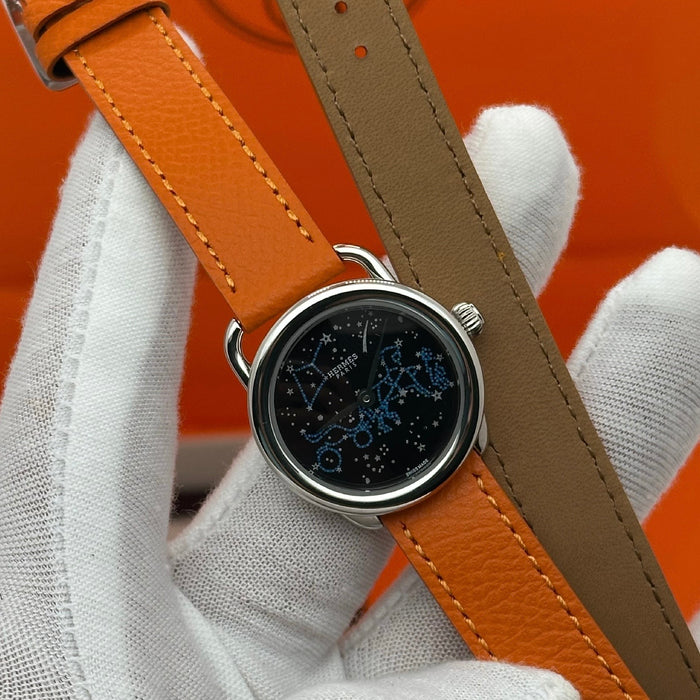 Arceau Silver In Steel With Orange Leather Strap