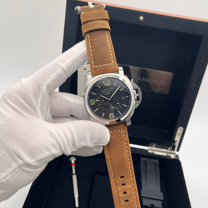 Panerai Luminor GMT watch 44mm stainless steel case and a distinctive brown leather strap