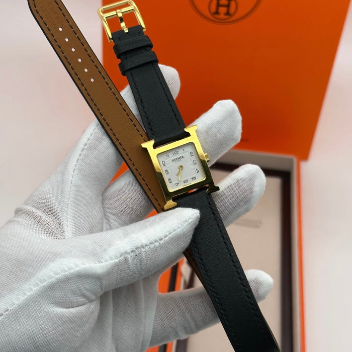 “H” Gold With Black Strap Watch