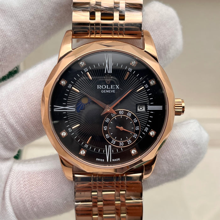 Rolex Cellini automatic watch rose gold case and a black dial with diamond