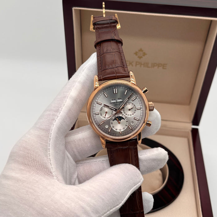 Patek Philippe Open Heart Automatic Silver Case With brown leather Strap
