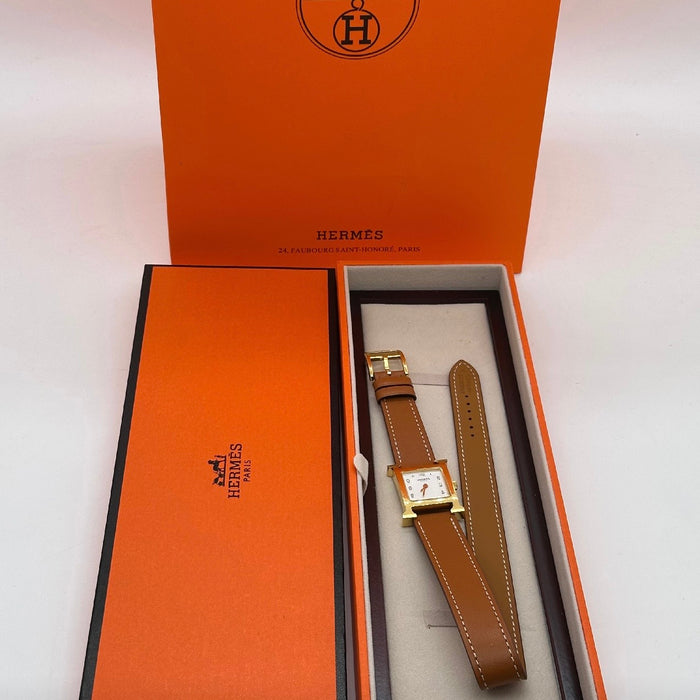 “H” Gold With Brown Strap Watch