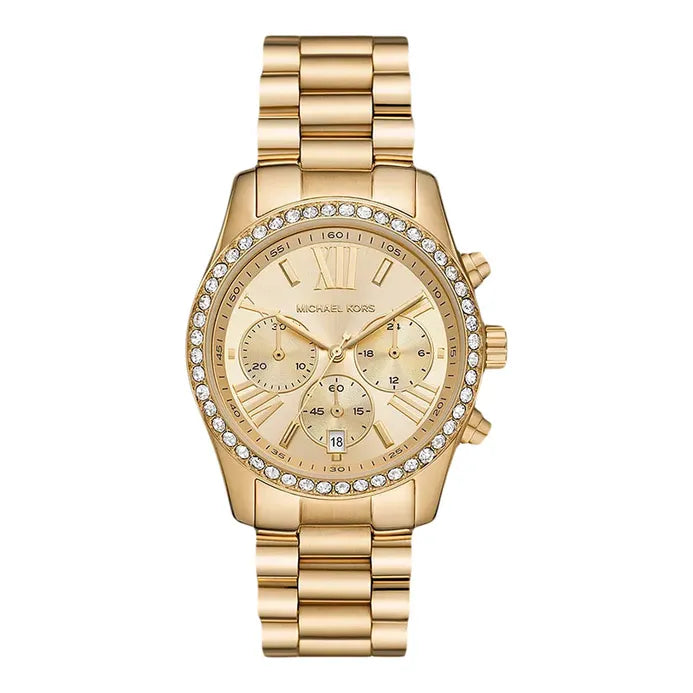 Michael Kors Lexington MK7377 Chronograph Ladies Champagne Dial Gold Stainless Steel Strap Authentic