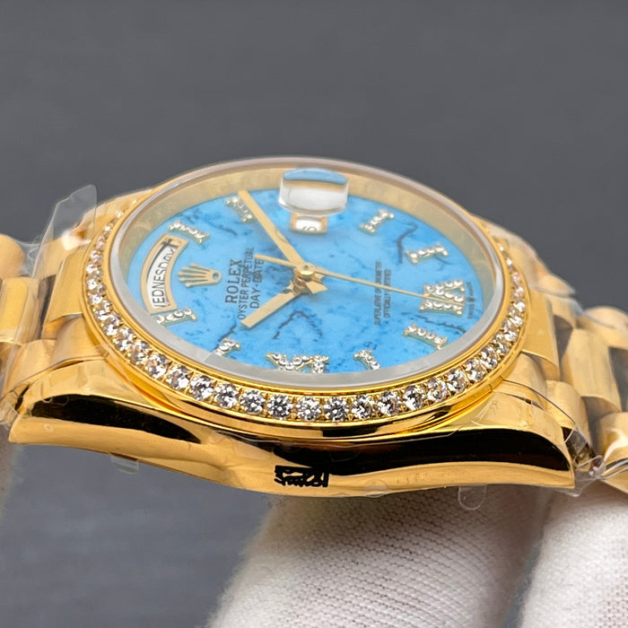 Rolex Day-Date 36MM Yellow Gold Turquoise Dial Diamond Bezel President Bracelet