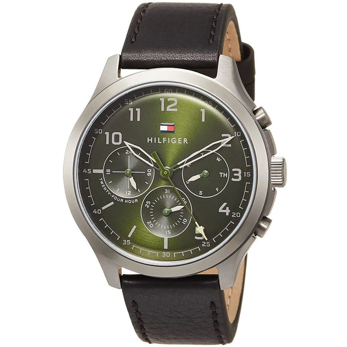 Tommy Hilfiger Men’s Green Chronograph Watch with Black Leather Strap 1791856 - Authentic