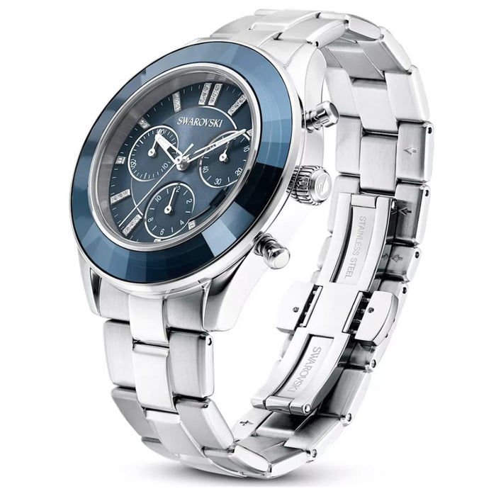Swarovski Silver Stainless Steel Chronograph Watch with Blue Ceramic Bezel 5610481 - Authentic
