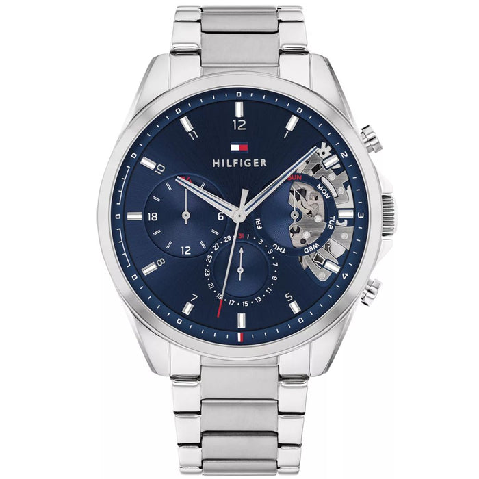 Tommy Hilfiger Men’s Silver Chronograph Skeleton Watch with Blue Dial 1710448 - Authentic