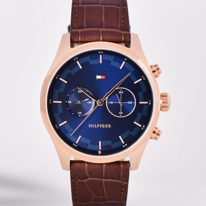 Tommy Hilfiger Blue Dial Watch & Brown Leather Strap – Gold-Tone Case 1710423 - Authentic