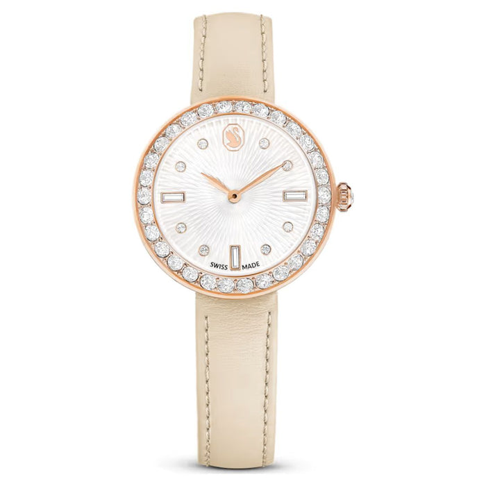 Swarovski Ladies Watch – Rose Gold Case with Crystal Bezel & Beige Leather Strap 5672968 - Authentic