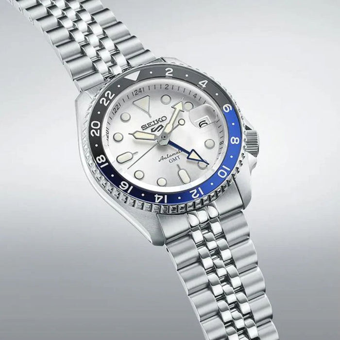 Seiko 5 Sports Automatic GMT Stainless Steel Watch – White Dial & Blue/Black Bezel SSK033K1 - Authentic