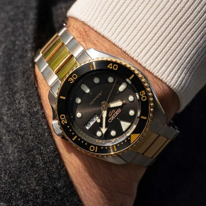 Seiko 5 Sports Automatic Diver Day-Date – Black Dial Two-Tone Gold & Steel SRPK22 - Authentic
