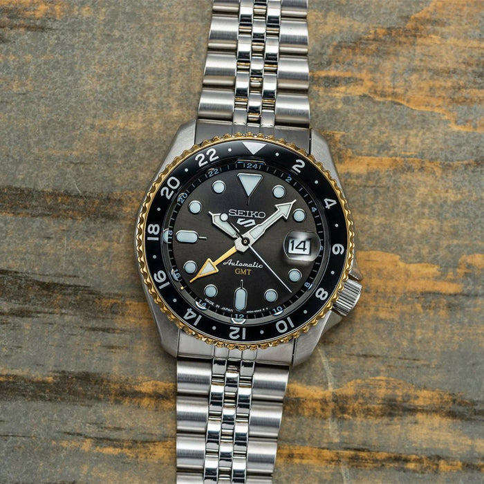 SEIKO 5 Sports Automatic GMT Diver – Black Dial Two-Tone Steel & Gold Bezel SSK021 - Authentic