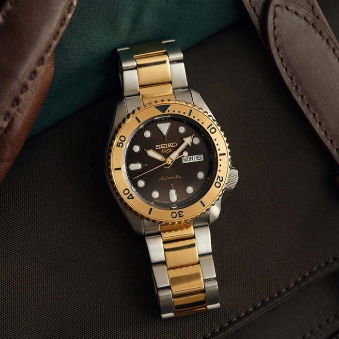 Seiko 5 Sports Automatic Diver Watch with Brown Dial and Two-Tone Case SRPK24 - Authentic