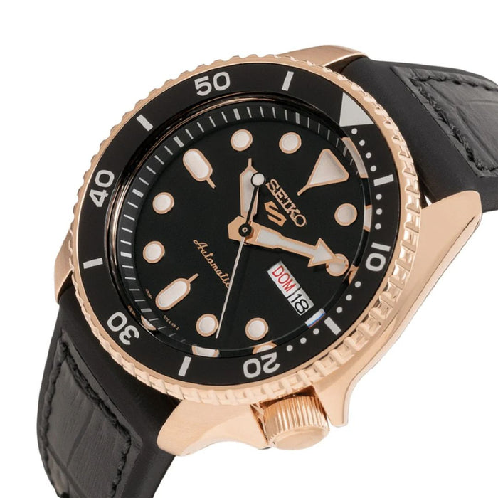 Seiko 5 Sports Automatic Diver – Rose Gold Case Black Dial Leather Strap - SRPD76K1 - Authentic