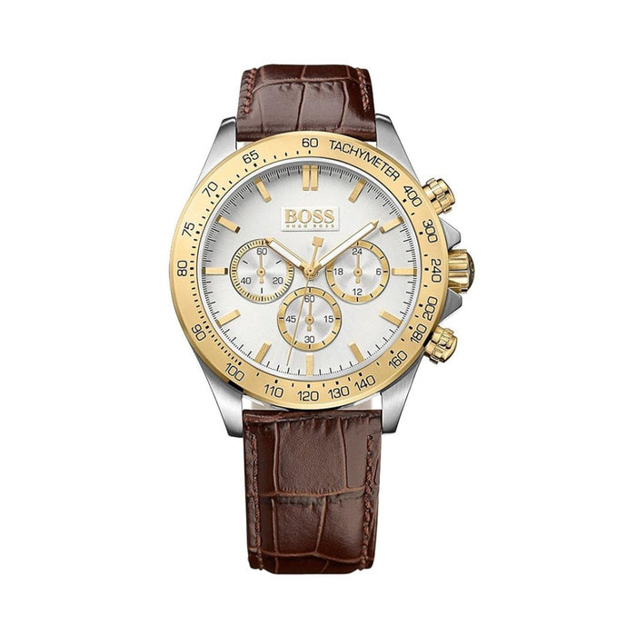 Hugo Boss Champion Chronograph – White & Gold Dial - Brown Leather Strap 1513174 - Authentic