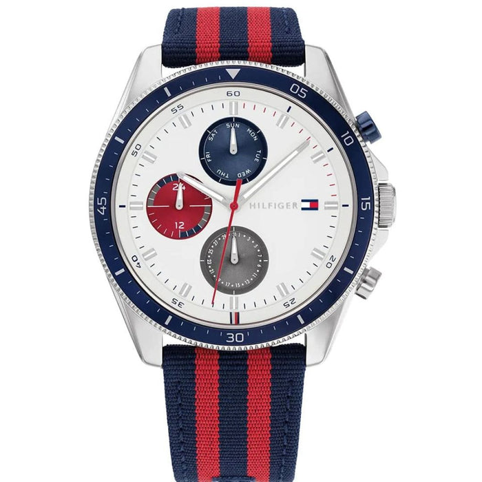 Tommy Hilfiger Chronograph White Dial Blue & Red Nylon Strap 1792035 - Authentic