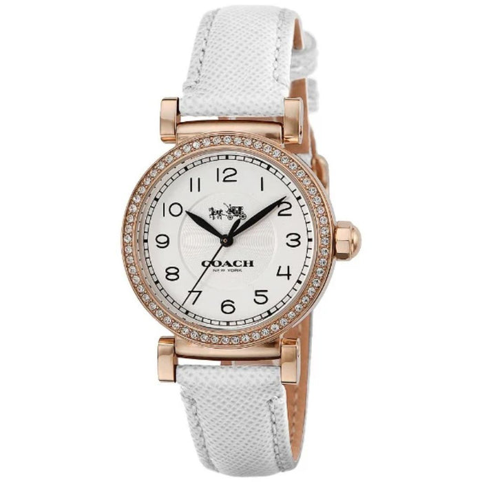 Coach Women’s Rose Gold Crystal Bezel Watch with White Leather Strap 14502401 - Authentic