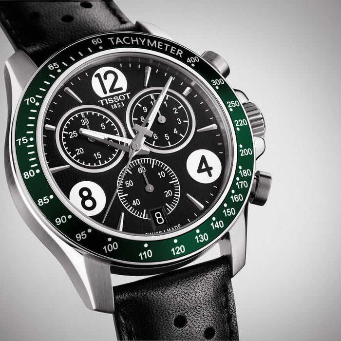 Tissot V8 Chronograph Black Dial Green Bezel Black Leather t106.417.16.057.00 - Swiss Factory