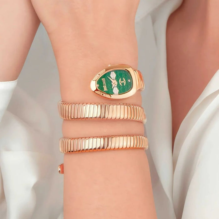 Just Cavalli Serpente Rose Gold Green Dial Women’s Watch JC1L232M0045 - Authentic