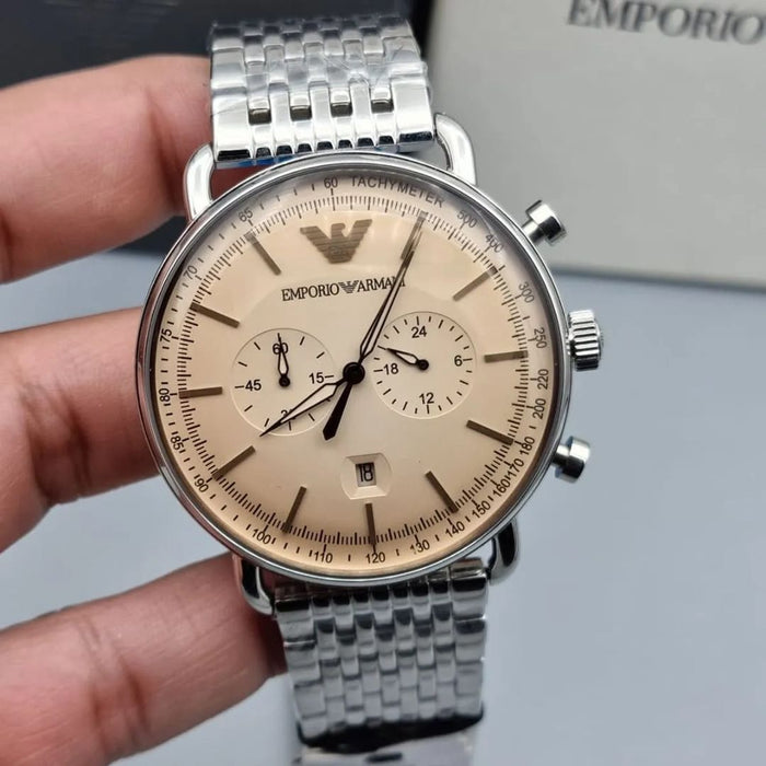 Emporio Armani AR11239 Chronograph Men’s Watch – Silver Stainless Steel with Beige Dial - Authentic