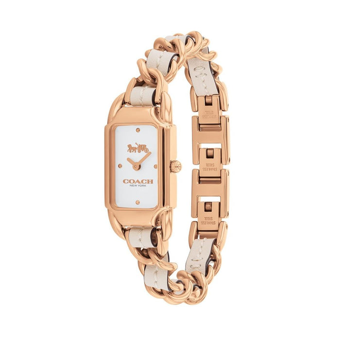 Coach Rectangular Rose Gold Women’s Watch with White Dial & Chain Leather Bracelet 14504283 - Authentic