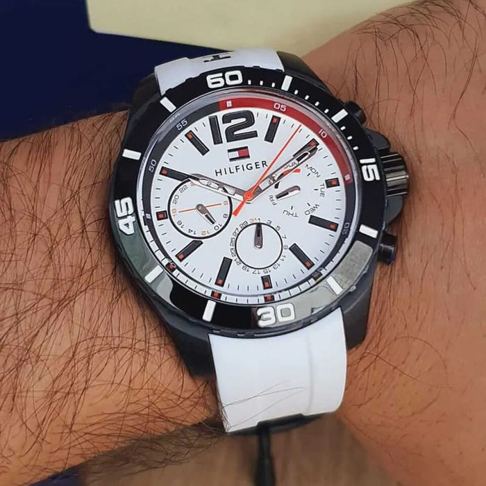 Tommy Hilfiger Chronograph White Dial Black Bezel & White Rubber Strap 1791146 - Authentic