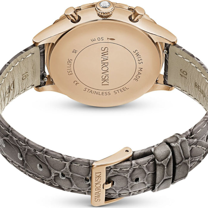 Rose Gold Chronograph Watch with Crystal Bezel & Grey Leather Strap 5671153 - Authentic