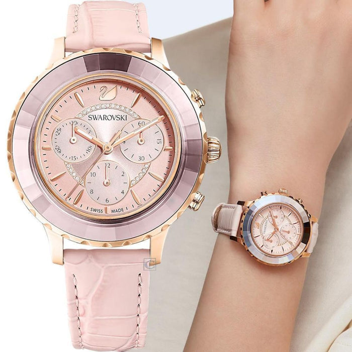 Swarovski Octea Lux Chronograph Rose Gold Pink Leather Watch - 5452501 - Authentic