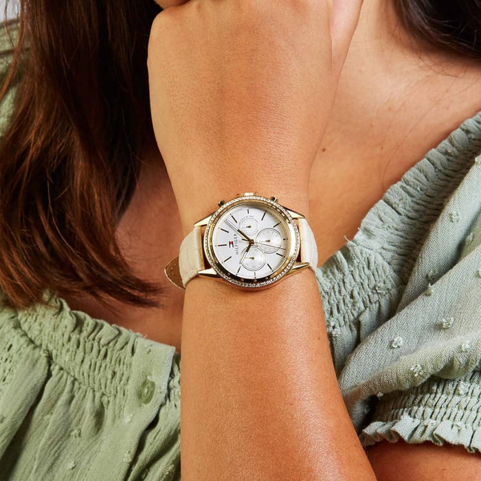 Tommy Hilfiger Gold Chronograph Watch – Ivory Leather Strap 1781982 - Authentic