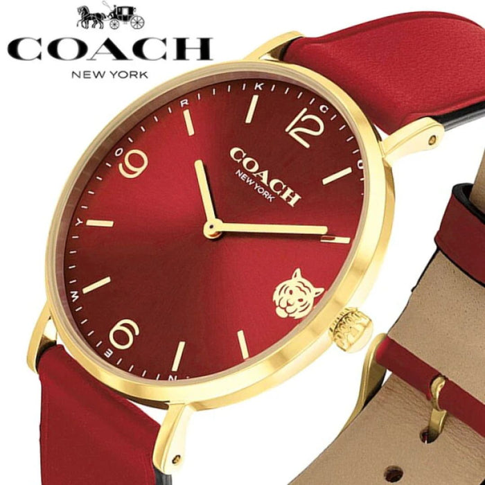 Coach Women’s Minimalist Watch – Red Dial, Gold Case, Red Leather Strap (Tiger Motif) 14503867 - Authentic