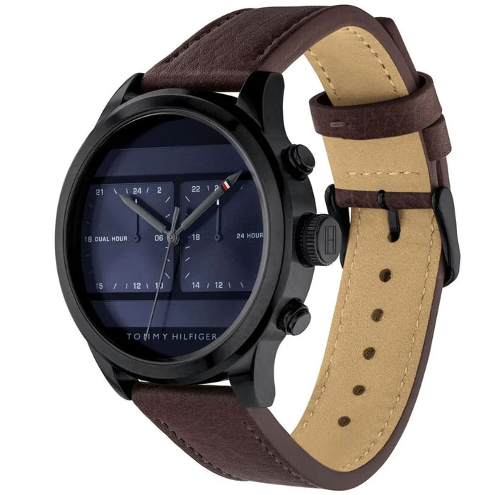 Tommy Hilfiger Men’s Dual Time Black Watch with Brown Leather Strap 1791593 - Authentic