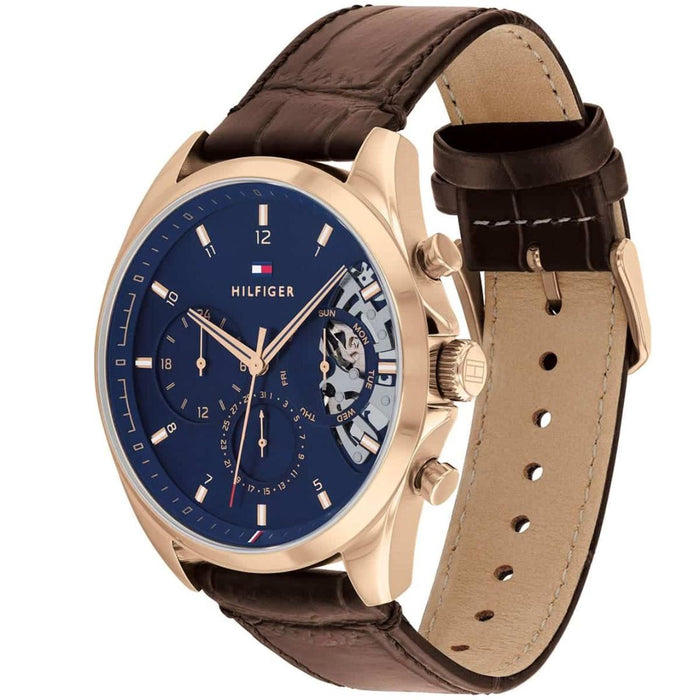 Tommy Hilfiger Men’s Gold-Tone Blue Dial Watch with Brown Leather Strap 1710453 - Authentic