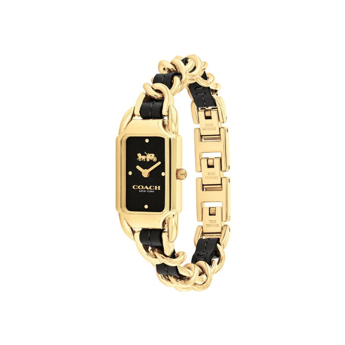 Coach Rectangular Gold-Tone Women’s Watch with Black Dial & Chain Bracelet 14504281 - Authentic