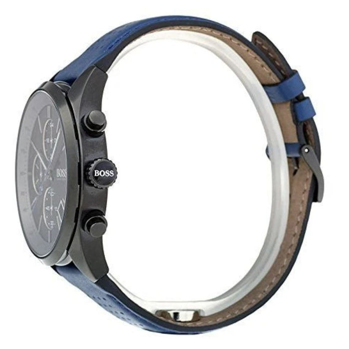Hugo Boss Men's Chronograph Black Dial Watch with Blue Leather Strap 1513563 - Authentic