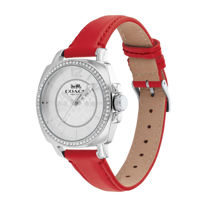 Coach Women’s Silver-Tone Crystal Bezel Watch with Red Leather Strap 14503855 - Authentic