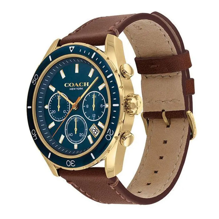 Coach Men’s Gold-Tone Chronograph Watch with Blue Dial & Brown Leather Strap 14602513 - Authentic