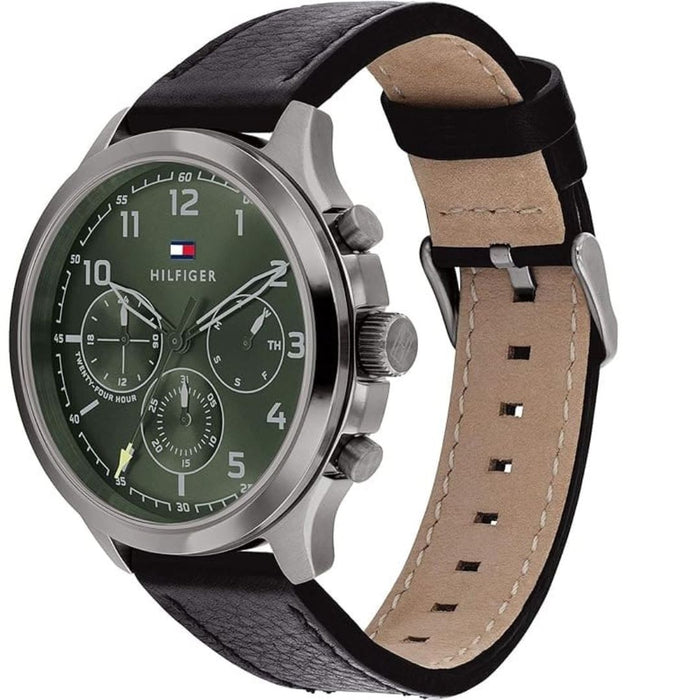 Tommy Hilfiger Men’s Green Chronograph Watch with Black Leather Strap 1791856 - Authentic