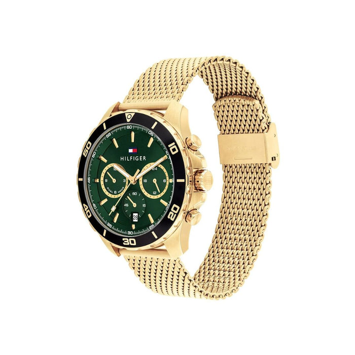 Tommy Hilfiger Men’s Gold Mesh Chronograph Watch with Green Dial 1792093 - Authentic