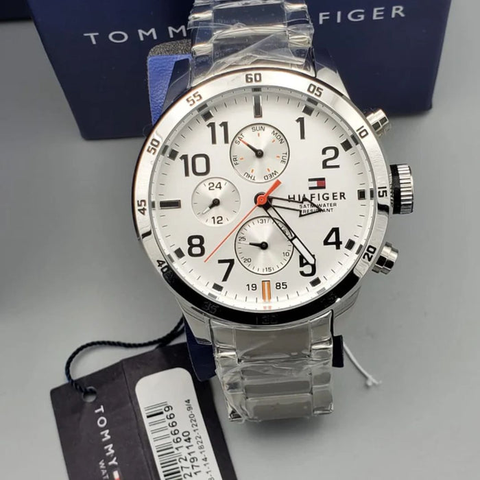 Tommy Hilfiger Men’s Chronograph Watch with White Dial and Silver 1791140 - Authentic