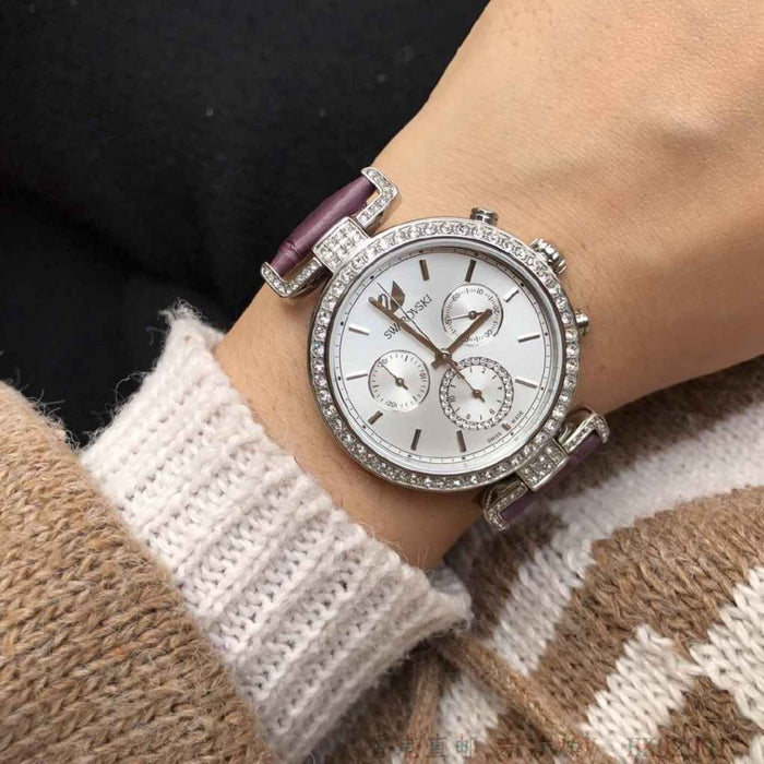Swarovski Crystal Chronograph Women’s Watch –  Burgundy Leather Strap 5296835 - Authentic