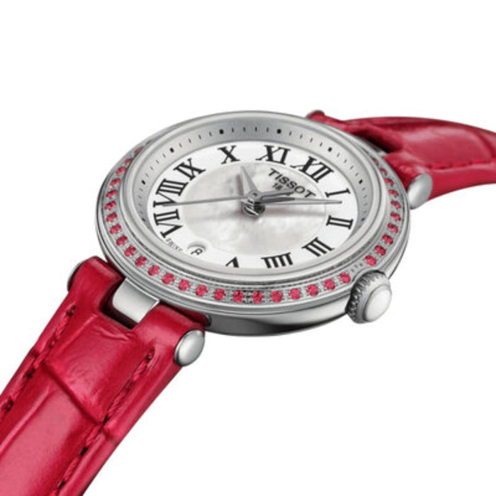 Tissot Flamingo – Mother of Pearl Dial | Red Leather Strap | Gem-Set Bezel t126.010.66.113.00 - Authentic