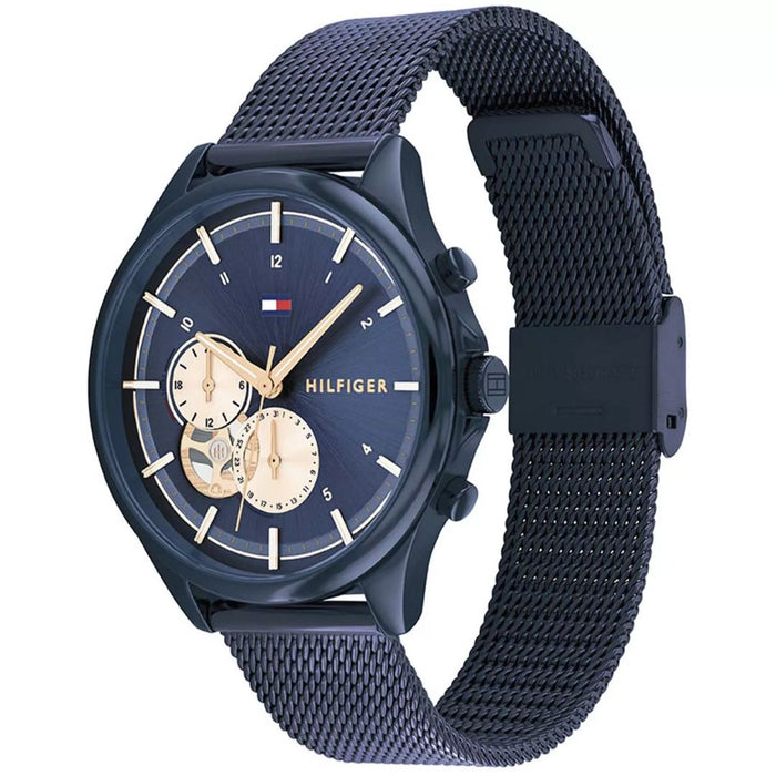 Tommy Hilfiger Blue Chronograph Watch with Gold Accents, Mesh Bracelet 1782418 - Authentic